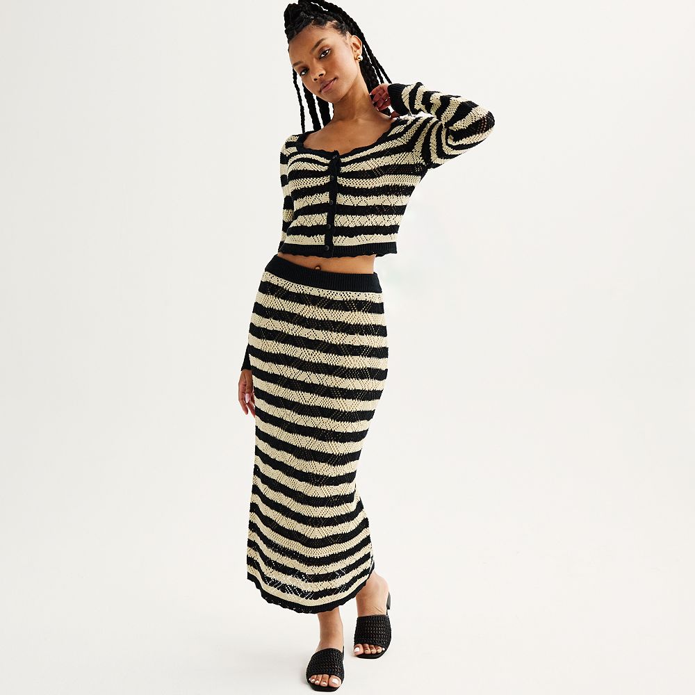 Juniors' Freshman Crochet Long Sleeve Striped Top & Maxi Skirt Set