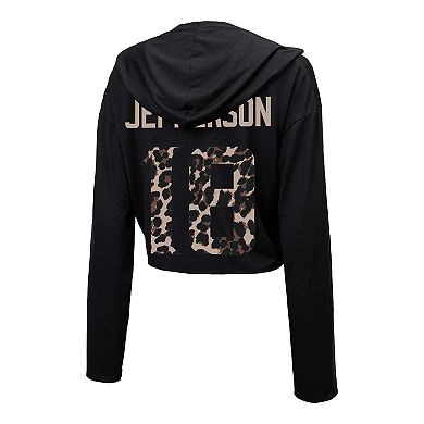 Women's Majestic Threads Justin Jefferson Black Minnesota Vikings Leopard Player Name & Number Long Sleeve Cropped Hoodie