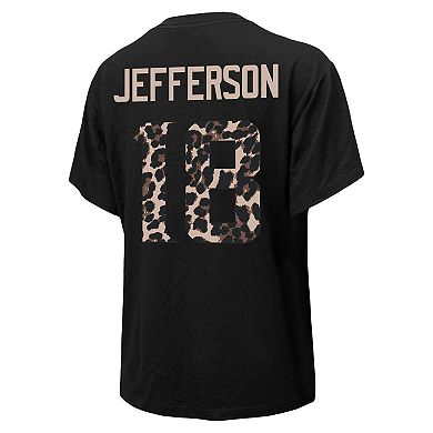 Women's Majestic Threads Justin Jefferson Black Minnesota Vikings Leopard Player Name & Number T-Shirt