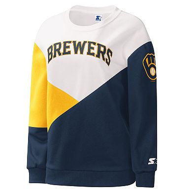Women's Starter White/Navy Milwaukee Brewers Shutout Pullover Sweatshirt