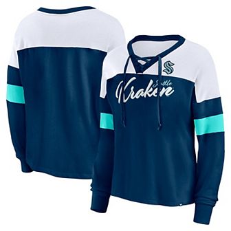 Women's Fanatics Branded Deep Sea Blue Seattle Kraken Take the Shot Long Sleeve Lace-Up V-Neck T-Shirt