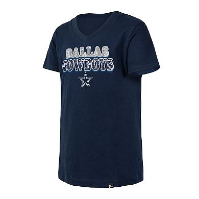 Girls Youth New Era Navy Dallas Cowboys Reverse Sequin V-Neck T-Shirt