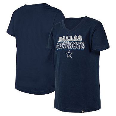 Girls Youth New Era Navy Dallas Cowboys Reverse Sequin V-Neck T-Shirt