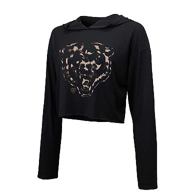 Women's Majestic Threads Justin Fields Black Chicago Bears Leopard Player Name & Number Long Sleeve Cropped Hoodie