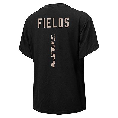 Women's Majestic Threads Justin Fields Black Chicago Bears Leopard Player Name & Number T-Shirt