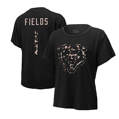 Women's Majestic Threads Justin Fields Black Chicago Bears Leopard Player Name & Number T-Shirt