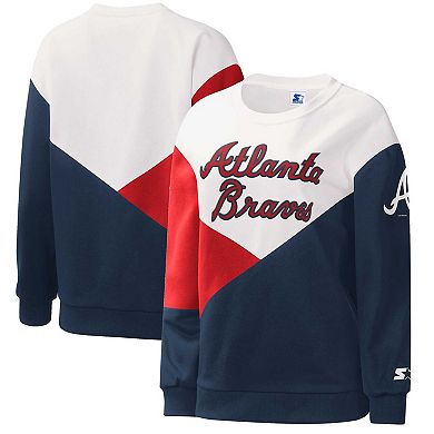 Women's Starter White/Navy Atlanta Braves Shutout Pullover Sweatshirt