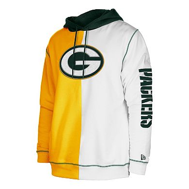 Men's New Era Gold/White Green Bay Packers Third Down Split Raglan Pullover Hoodie