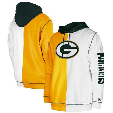 Men's New Era Gold/White Green Bay Packers Third Down Split Raglan Pullover Hoodie