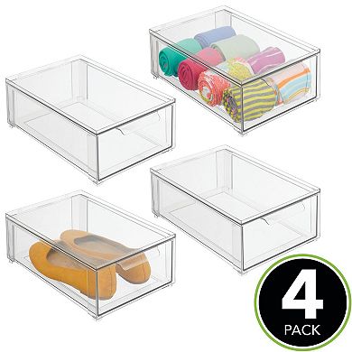 mDesign Clarity 8" x 12" x 4" Plastic Stacking Closet Storage Organizer Bin with Drawer, 4 Pack
