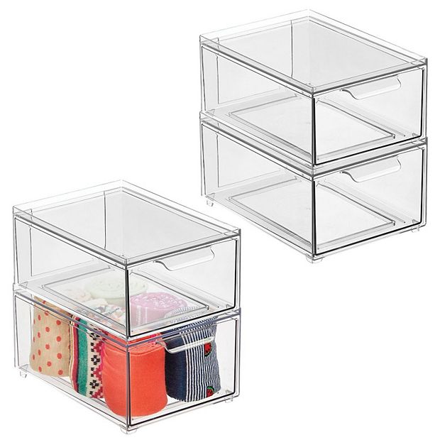 mDesign Clarity Plastic Stackable Bathroom Storage Organizer with Drawer,  Clear - 12 x 16 x 6, 2 Pack