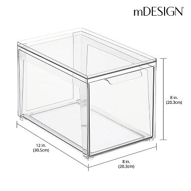 mDesign Plastic Stacking Closet Storage Organizer Bin with Drawer, 4 Pack, Clear