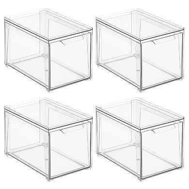 mDesign Plastic Stacking Closet Storage Organizer Bin with Drawer, 4 Pack, Clear