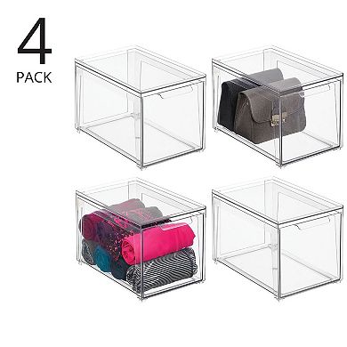 mDesign Plastic Stacking Closet Storage Organizer Bin with Drawer, 4 Pack, Clear