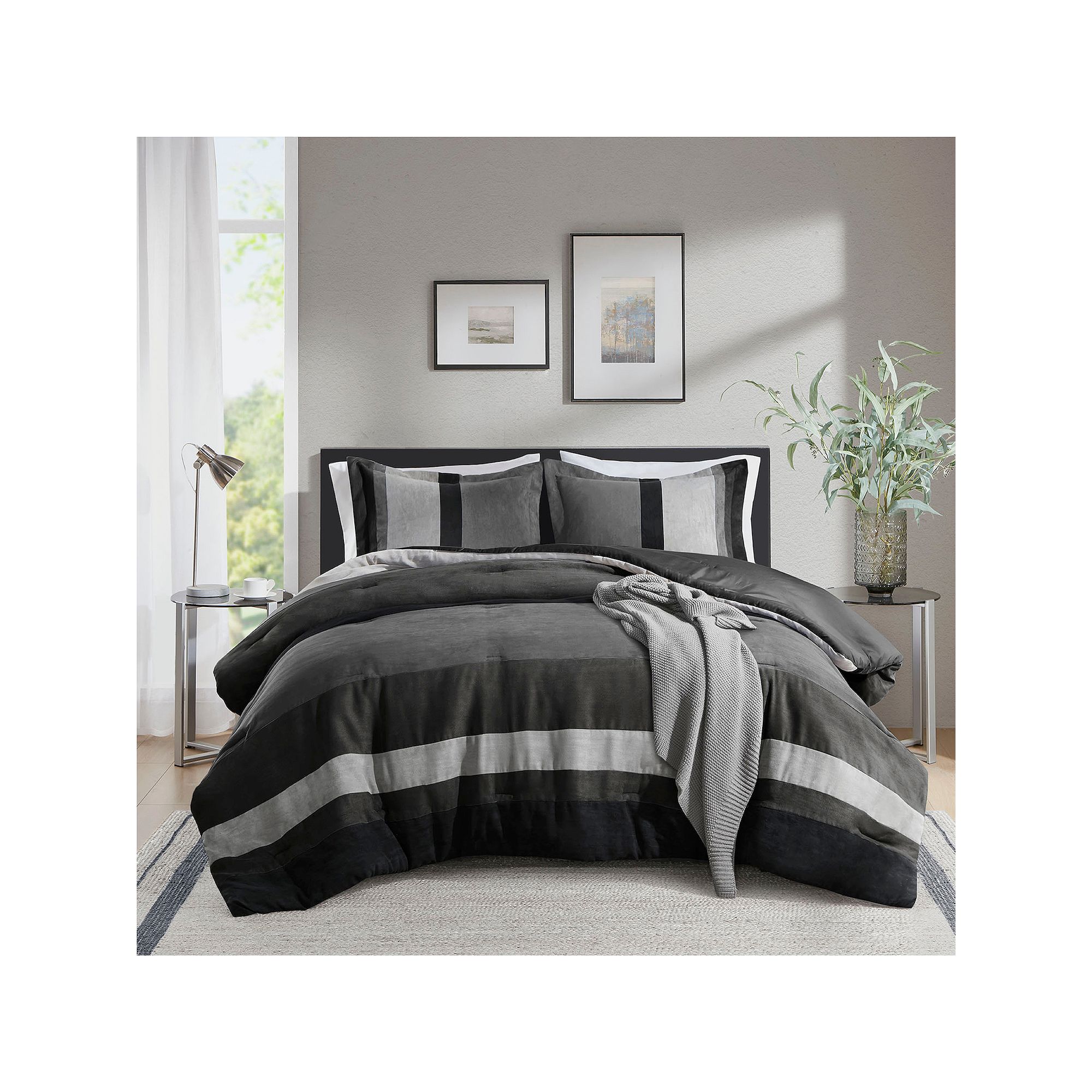 510 Design Boulder Stripe Pieced Faux Suede Comforter Set, Black