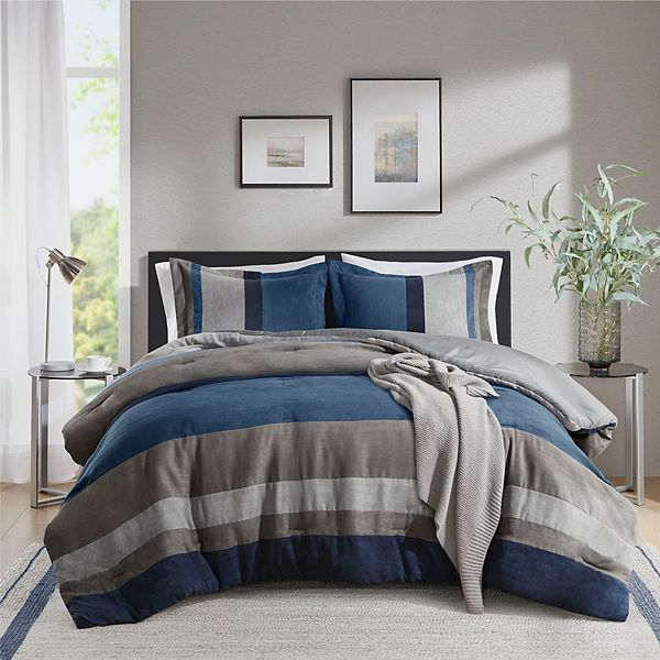 Basics Ultra-Soft Lightweight Microfiber Reversible Comforter  2-Piece Bedding Set, Twin/Twin XL, Blue Denim/Beige Stripes, Striped