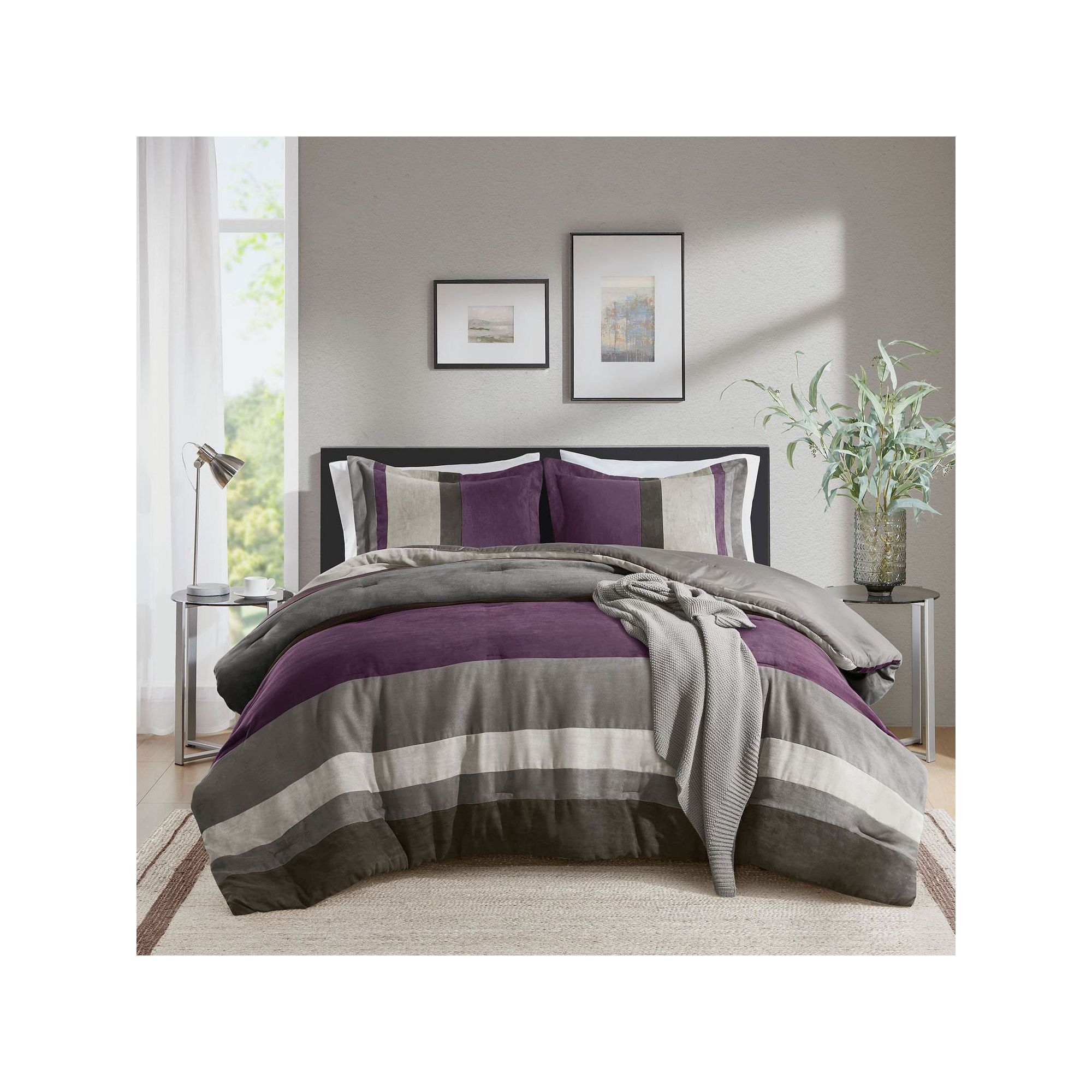 510 Design Boulder Stripe Pieced Faux Suede Comforter Set, Purple