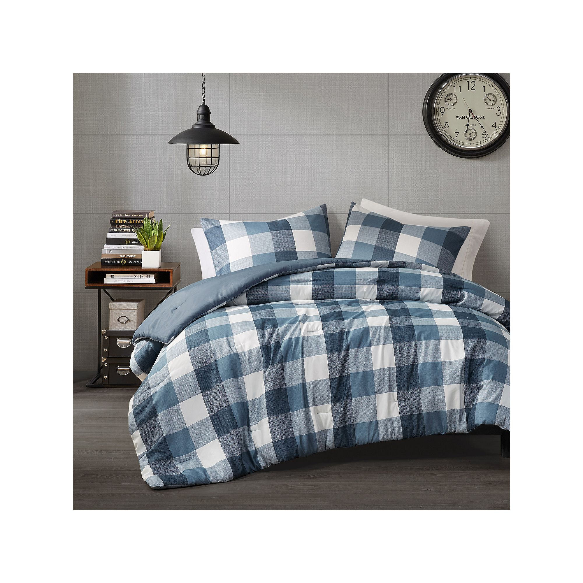 510 Design Jonah Plaid Check Printed Comforter Set, Blue