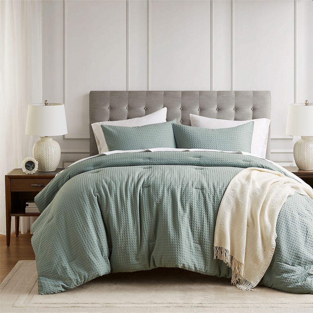 510 Design Mina Waffle Textured Duvet Cover Set - Sage Green, KING/CK