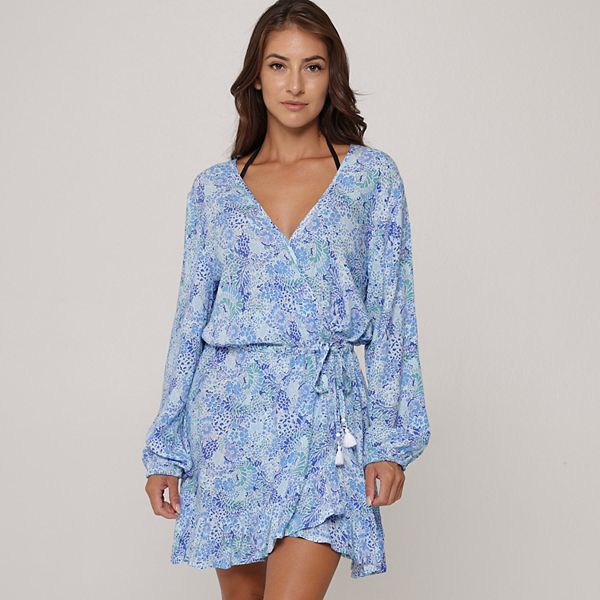 Women's J. Valdi Long Sleeve V-Neck Swim Cover-Up Ruffle Dress