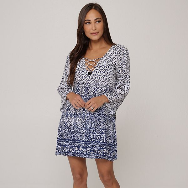 Women's J. Valdi Batik Lace-Up V-Neck Swim Cover-Up Tunic