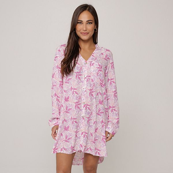 Women's J. Valdi Floral V-Neck Button Down Swim Cover-Up Shirt