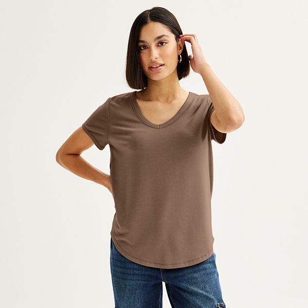 Juniors' SO® Short Sleeve V-Neck Tee - Acacia Brown (X SMALL)