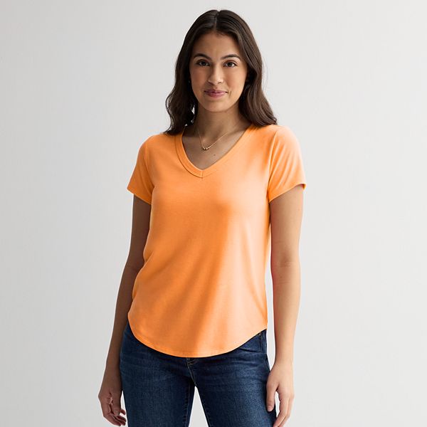 Juniors' SO® Short Sleeve V-Neck Tee - Apricot Shock (X SMALL)