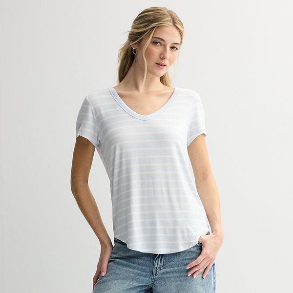 Juniors' SO® Short Sleeve V-Neck Tee - Blue Cream Stripe (X SMALL)