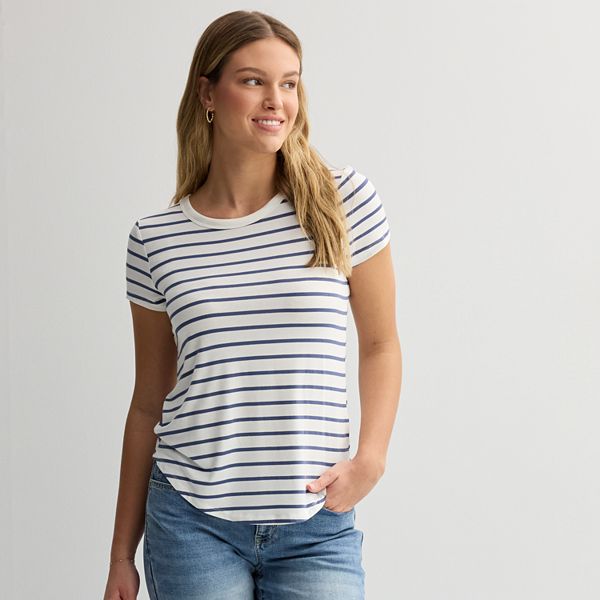 Juniors' SO® Short Sleeve Crewneck Tee - Cream Navy Stripe (X SMALL)