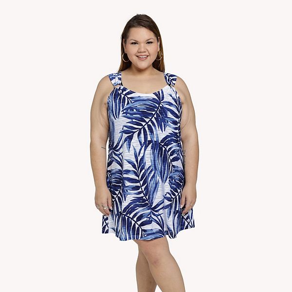 Plus Size Portocruz Palm Leaf Print Swim CoverUp Ring Tank Top Dress