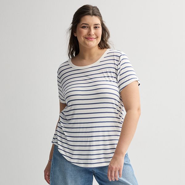 Juniors' Plus SO&reg; Short Sleeve Crewneck Tee - Blue Cream Stripe (1X)