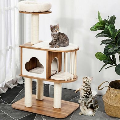 46 Inch Wooden Cat Activity Tree with Platform and Cushions for Cats and Kittens