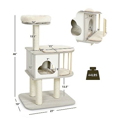 46 Inch Wooden Cat Activity Tree with Platform and Cushions for Cats and Kittens