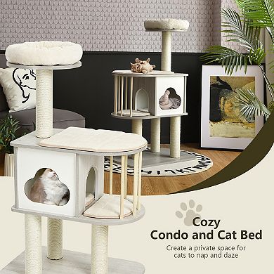 46 Inch Wooden Cat Activity Tree with Platform and Cushions for Cats and Kittens