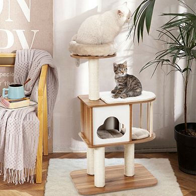 46 Inch Wooden Cat Activity Tree with Platform and Cushions for Cats and Kittens