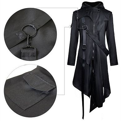 Halloween Costumes for Men, Retro Steam Punk Gothic Cape Jacket Long Sleeve Hooded Metal Button Long Trench Coat