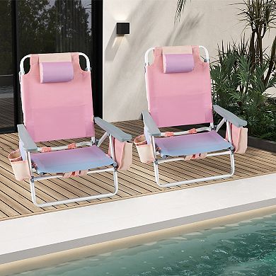 2-Pack Folding Backpack Beach Chair 5-Position Outdoor Reclining Chairs with Pillow