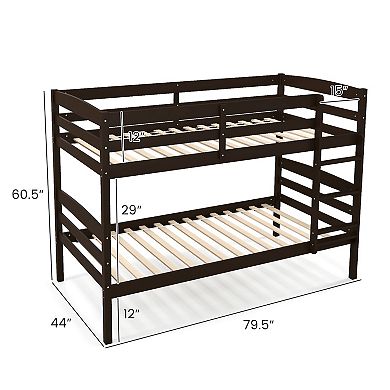 Solid Wood Twin Over Twin Bunk Bed Frame with High Guardrails and Integrated Ladder