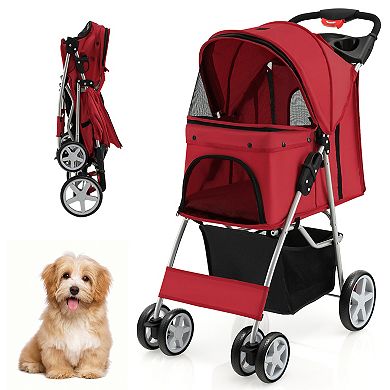 Folding Pet Stroller with Storage Basket and Adjustable Canopy
