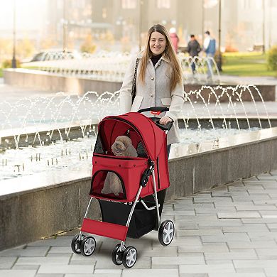 Folding Pet Stroller with Storage Basket and Adjustable Canopy