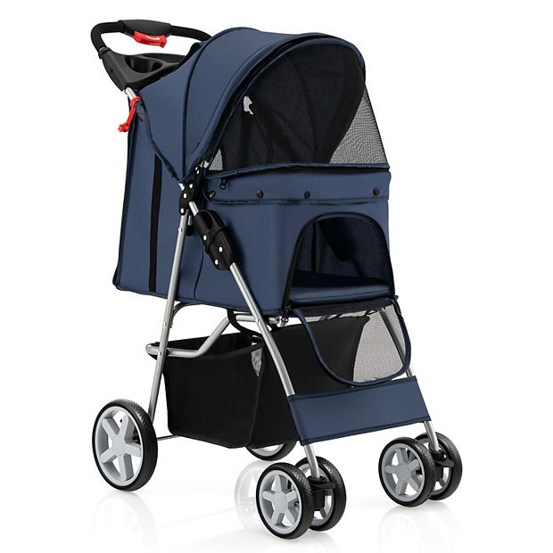 Folding Pet Stroller with Storage Basket and Adjustable Canopy