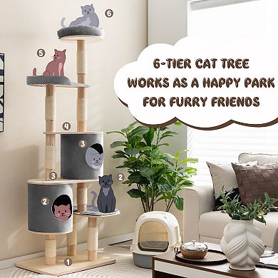 6-Tier Wooden Cat Tree with 2 Removeable Condos Platforms and Perch