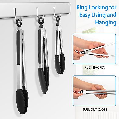 Silicone Kitchen Tongs, Stainless Steel, High Heat Resistance, Easy to Clean and Store