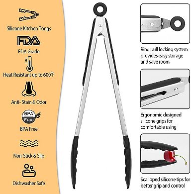 Silicone Kitchen Tongs, Stainless Steel, High Heat Resistance, Easy to Clean and Store