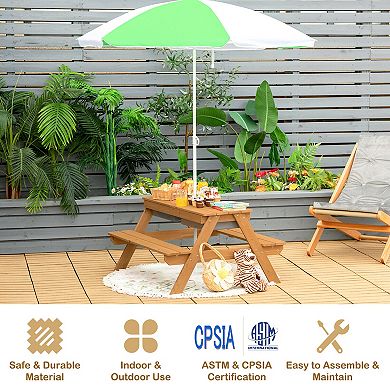 3-in-1 Kids Outdoor Picnic Water Sand Table with Umbrella Play Boxes