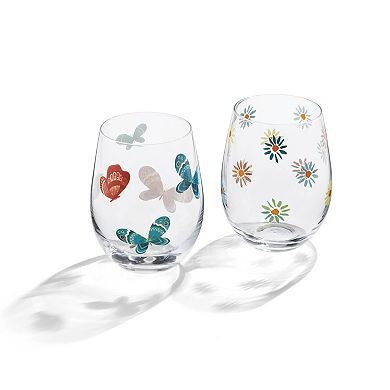Cambridge Butterflies and Daisies Stemless Wine Glasses 2-piece Set