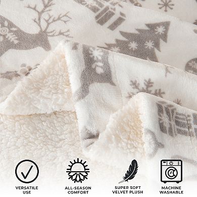 Holiday Printed Plush-to-Sherpa Throw Blanket