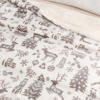 Holiday Printed Plush-to-Sherpa Throw Blanket