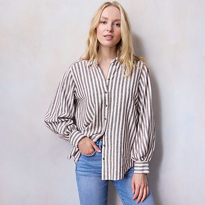 Blouse Lauren Conrad Taille XS à Manches Courtes Et Col Rond - Rayée Violette, Occasion